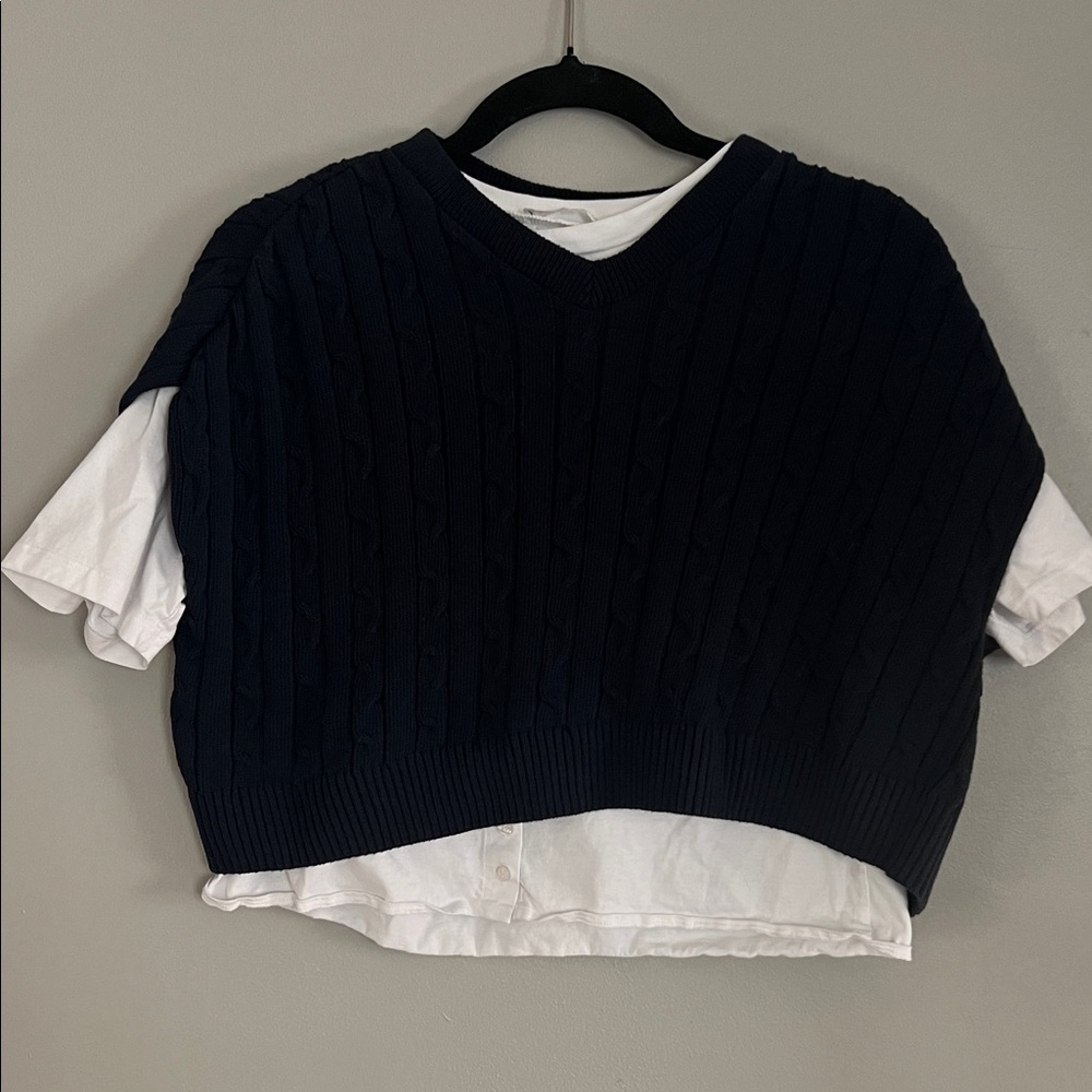 Zara Navy and White Layered Short Sleeve Top